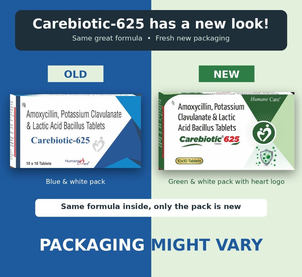Carebiotic-625 old and new packaging